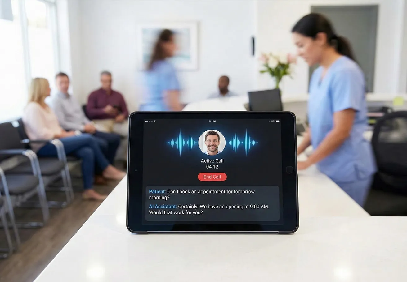 Dental front desk team working beside an AI assistant on a computer, answering calls, scheduling patients, and smiling