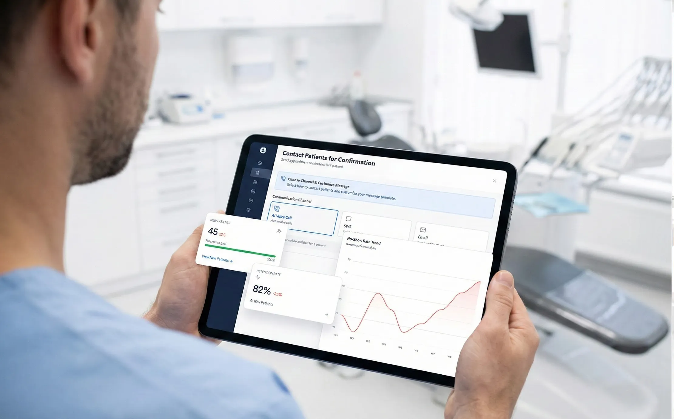 Dental office staff reviewing automated scheduling and billing dashboard on a computer, showing ROI gains for practice AI
