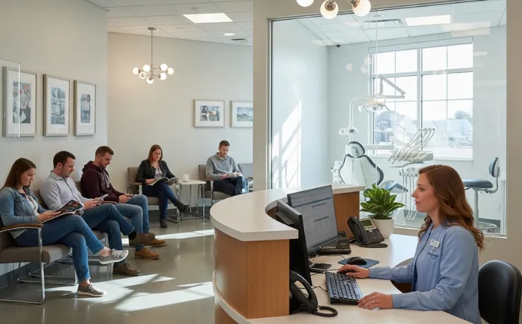Dentist reviewing analytics on laptop while patient books appointment online, showing ads, reviews, and online scheduling.