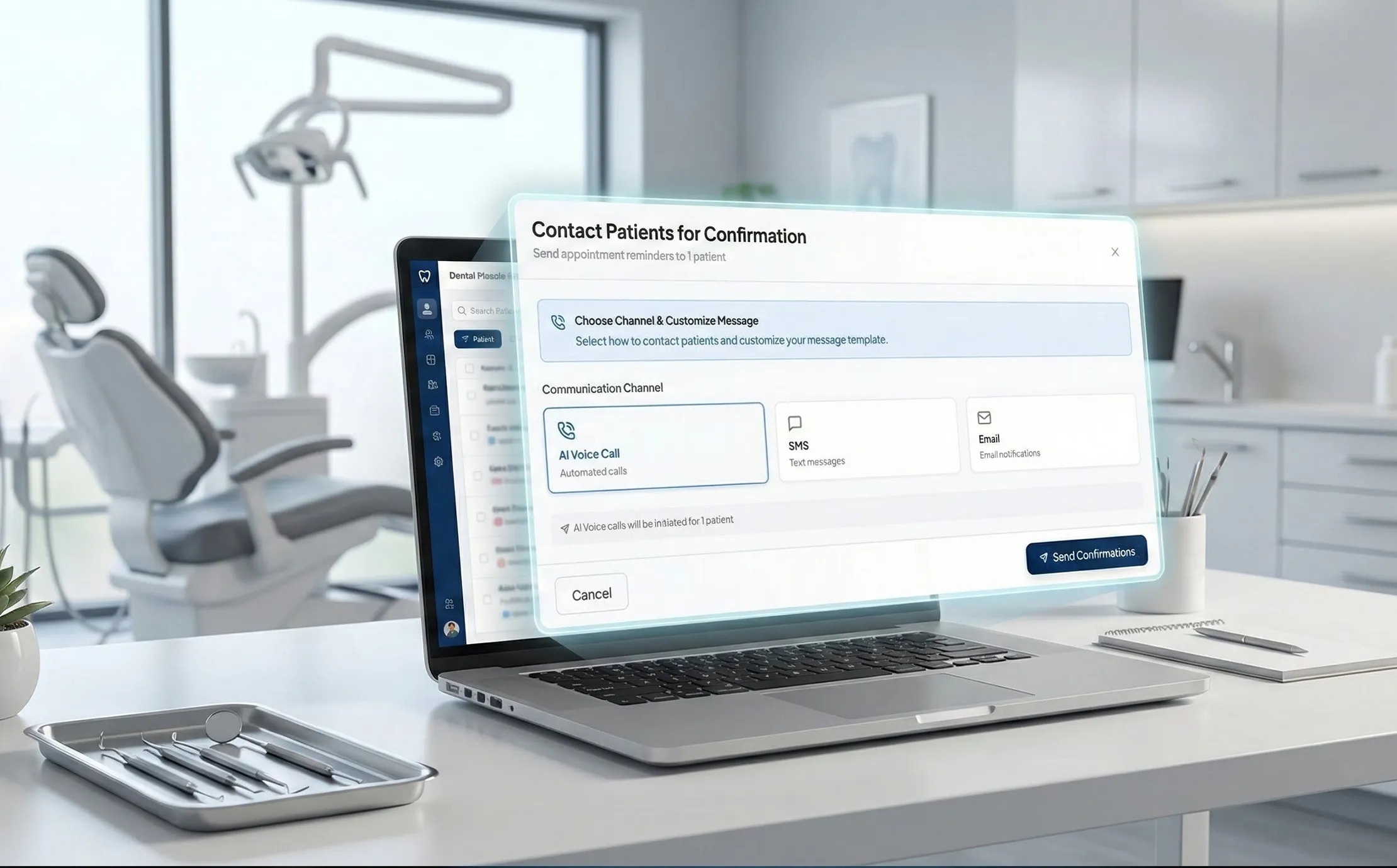Dental front desk staff view AI outreach dashboard as automated texts and calls reengage overdue patients on a modern screen