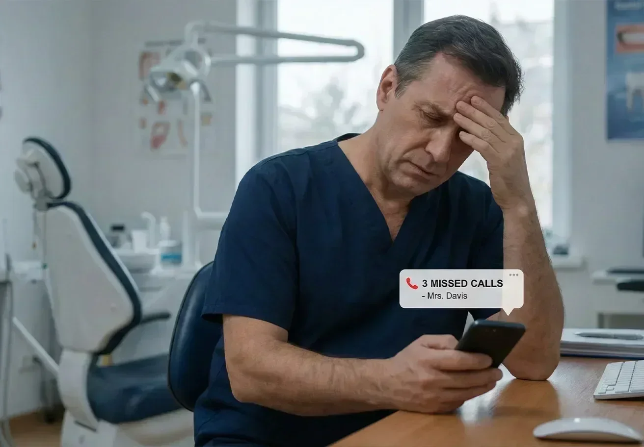 Busy dental front desk with ringing phones, staff helping patients at counter while unanswered calls flash on screen.