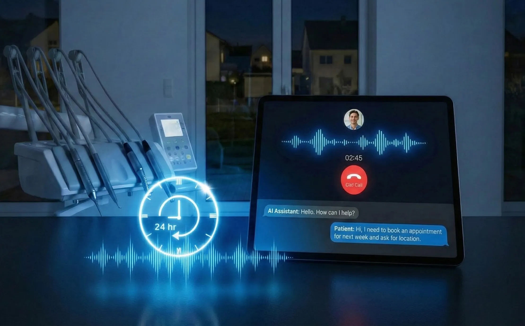 AI-powered dental virtual receptionist answering patient calls on a computer screen while a calm dental office works smoothly