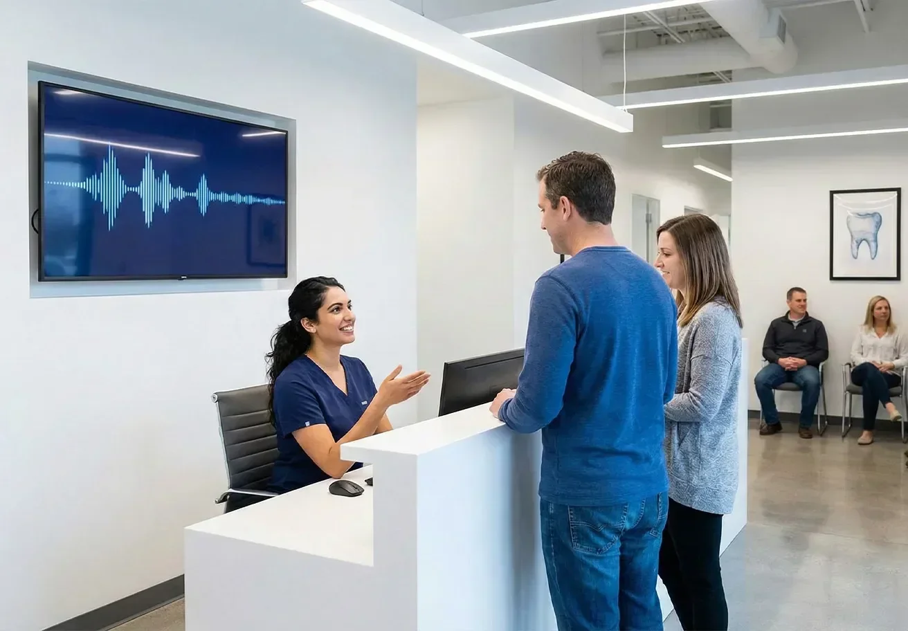 Dental front desk staff working beside an AI-powered phone system that answers patient calls while team assists patients.