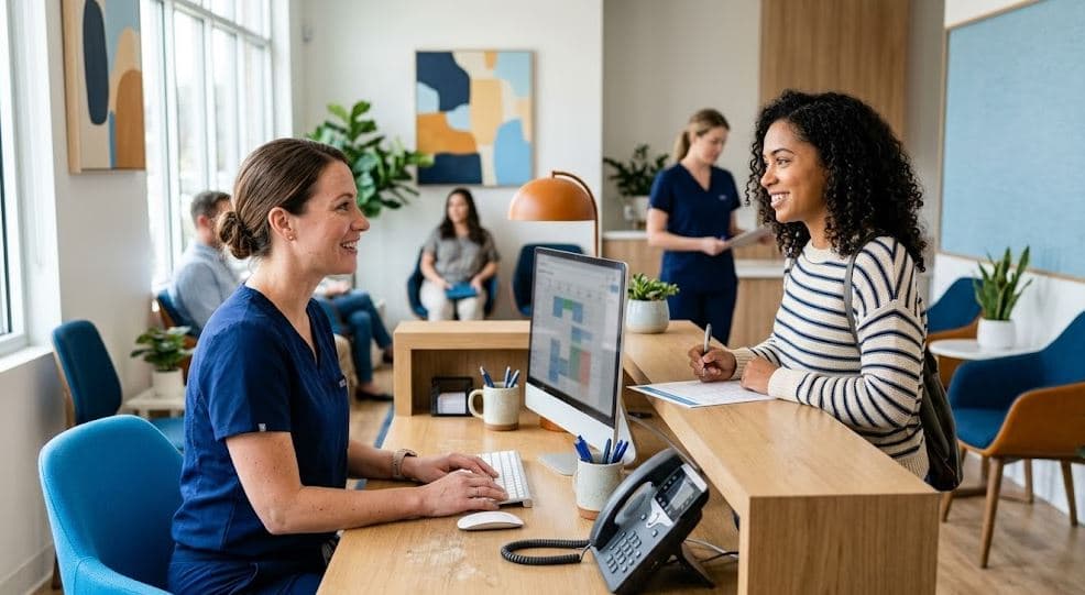 Dental front desk team working beside an AI assistant on a computer, answering calls, scheduling patients, and smiling