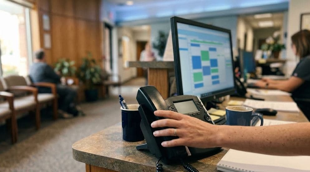 Dental front desk handling patient calls with VoIP receptionist software and practice management software