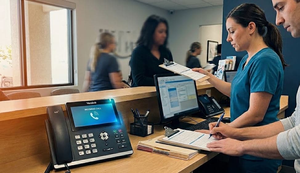 Busy dental front desk with ringing phones, staff helping patients at counter while unanswered calls flash on screen.