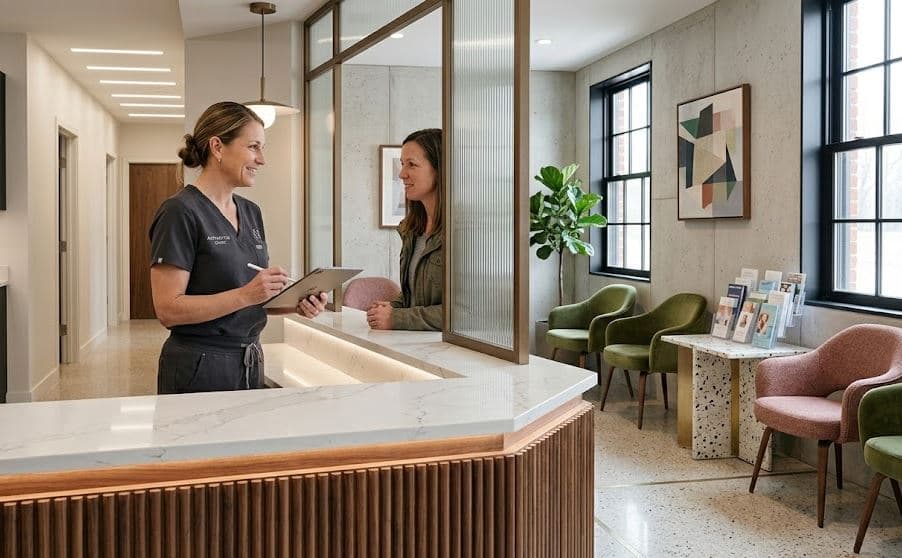Dental office front desk with AI receptionist software answering phone calls while staff assist patients at check-in desk