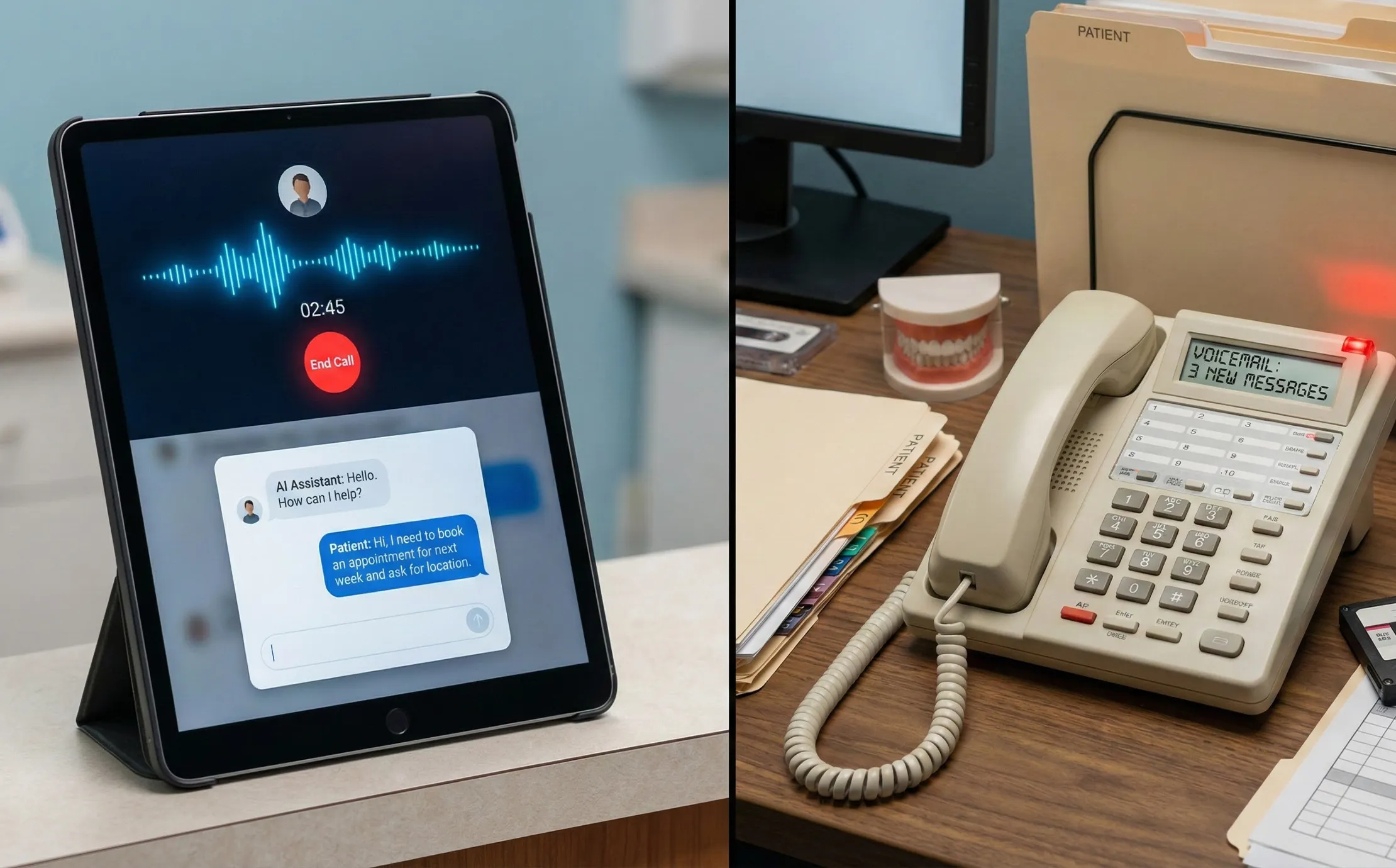 Dental front desk scene showing missed call voicemail and AI system answering patient calls on computer screen interface