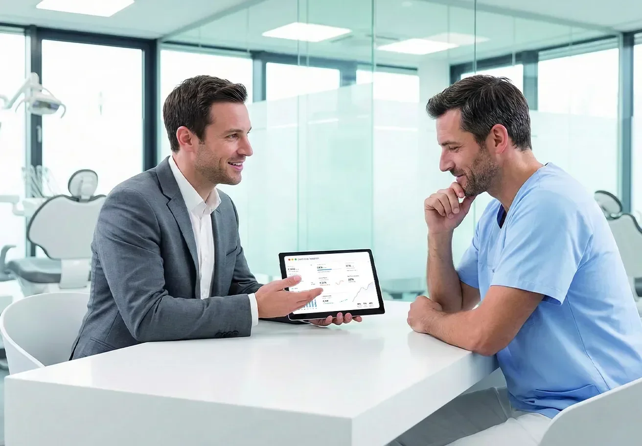 Dental office front desk with staff reviewing AI call dashboard on computer while patient waits, phones ringing softly behind