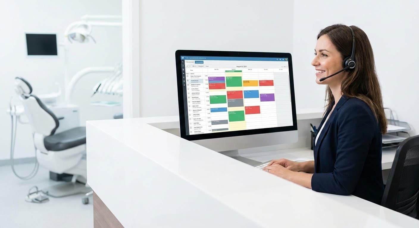 Dental office manager using digital appointment management tools at a modern reception desk.