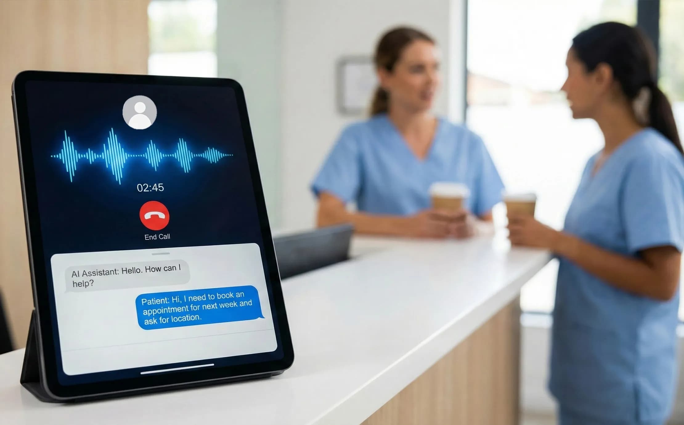 Dental front desk with AI screen showing 24/7 appointment booking as patient schedules visit on smartphone beside staff