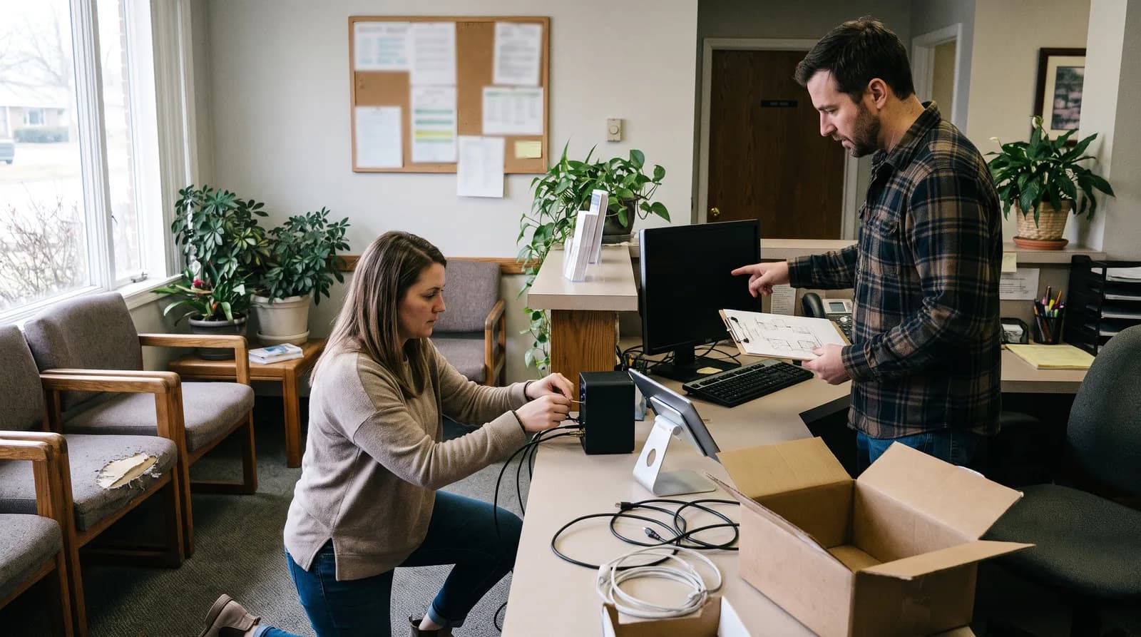 Office manager completing AI dental receptionist setup on a front-desk computer during the first week