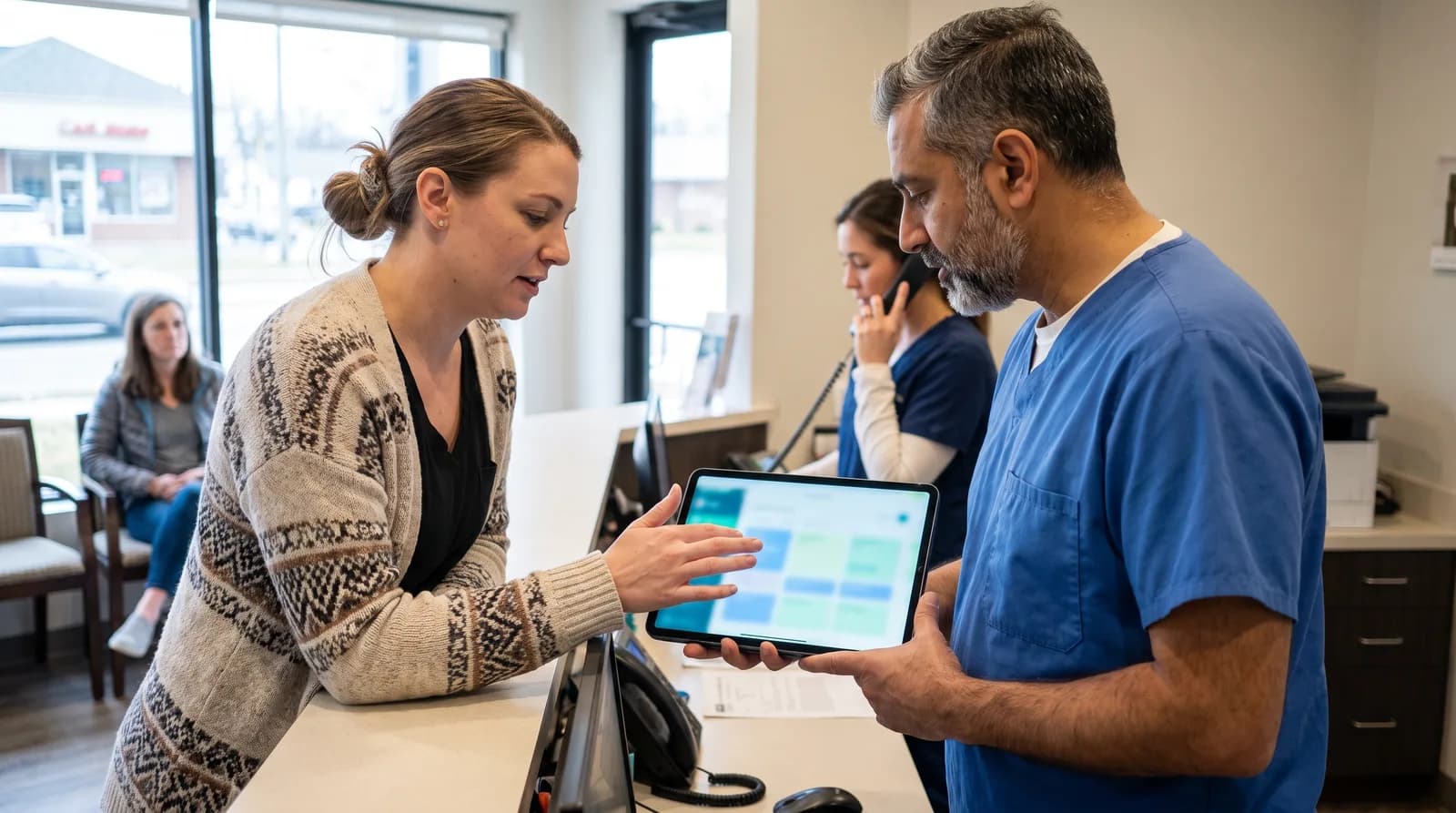 Front desk coordinator handling calls at a dental office, the kind of workload an AI patient communication platform supports