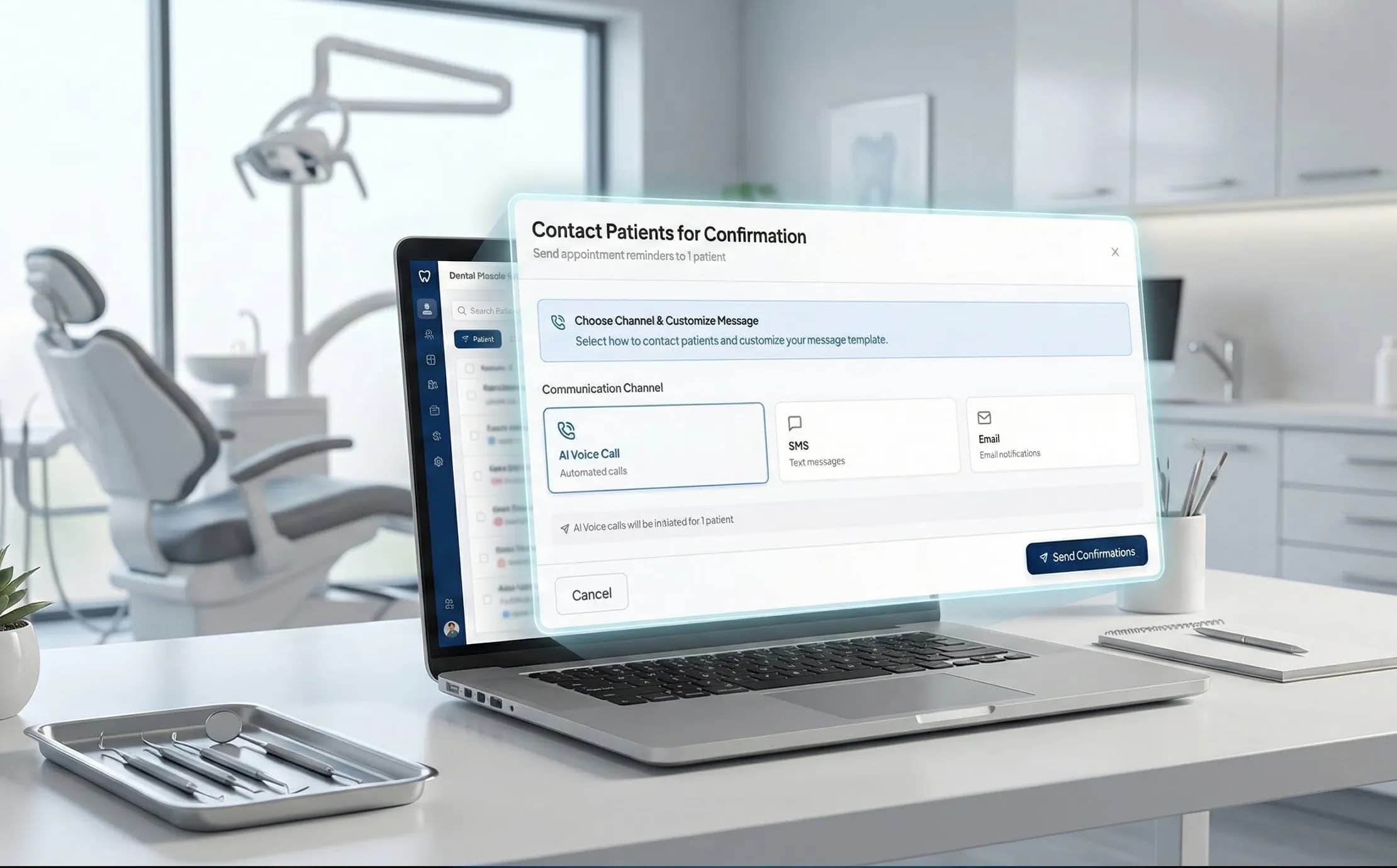 Dental front desk staff view AI outreach dashboard as automated texts and calls reengage overdue patients on a modern screen