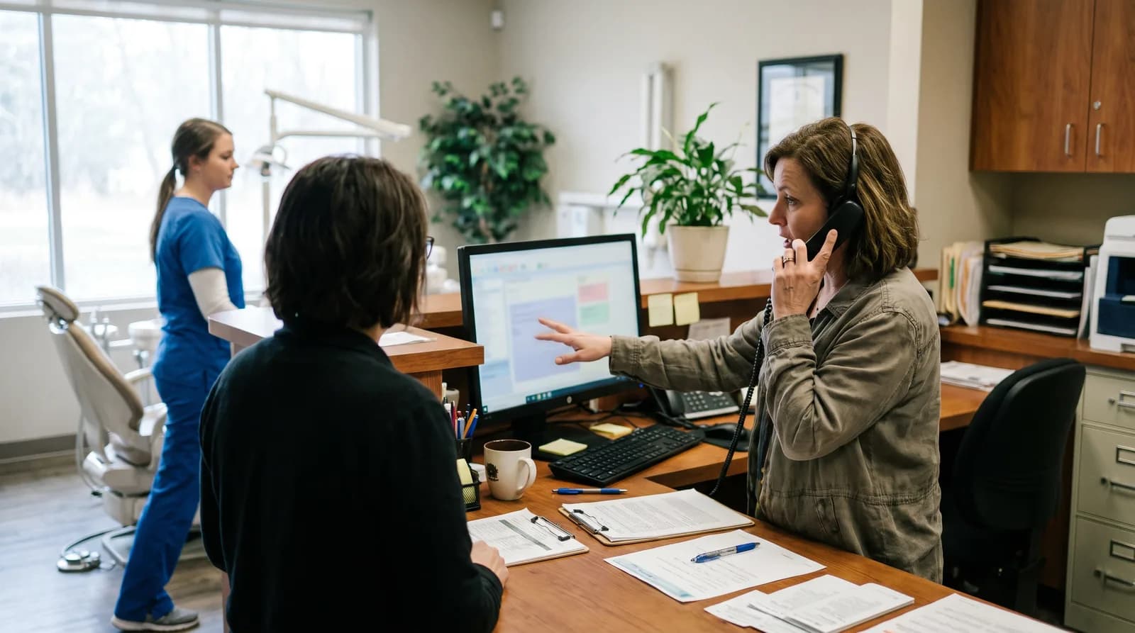 AI receptionist dental office setup handling patient calls at a dental front desk