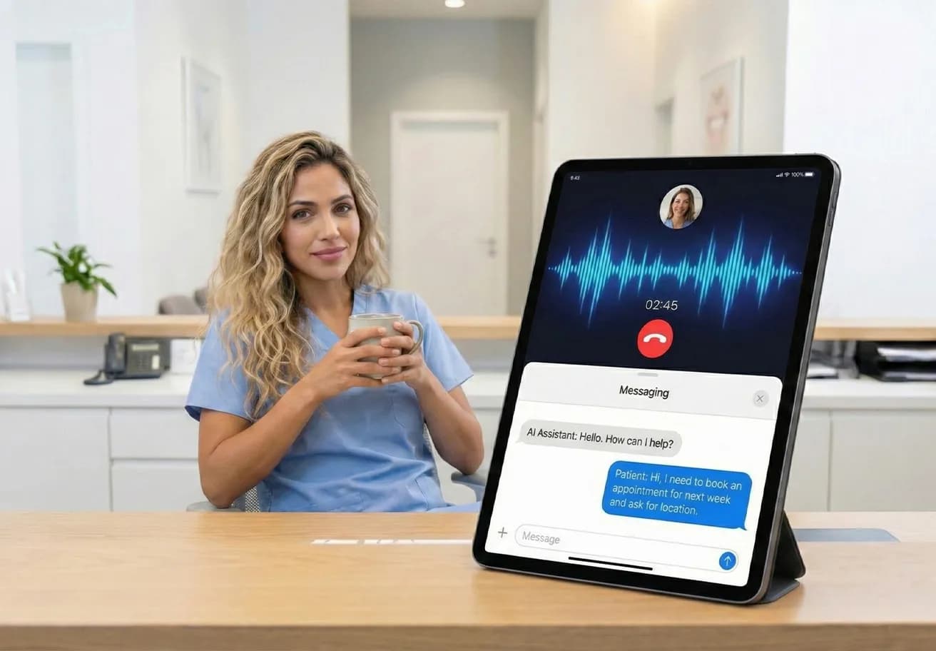 Dental office front desk shows AI receptionist software answering calls on a screen while staff assist patients and schedule visits