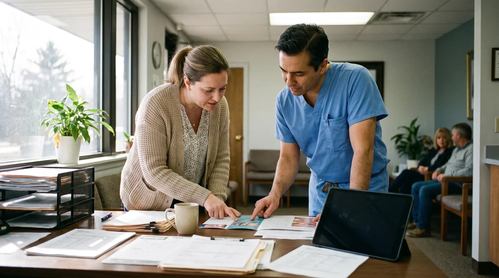 Dental office front desk with AI voicemail assistant on screen as receptionist and patient discuss scheduling in 2026 clinic