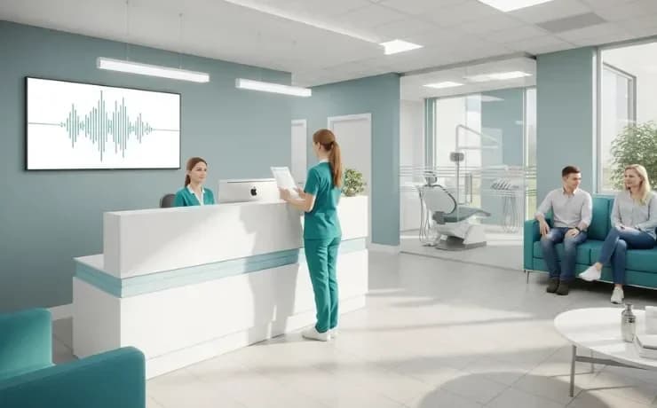 AI-powered dental receptionist answering phone calls on computer screen while staff assists patients at modern front desk