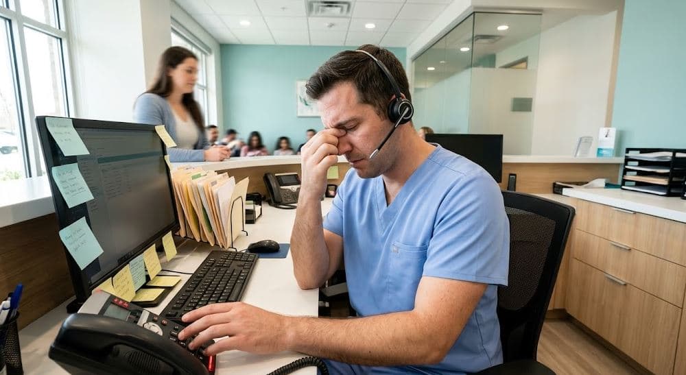 Dental front desk staff using an AI receptionist dashboard, calm office scene as phones are quiet and patients smiling