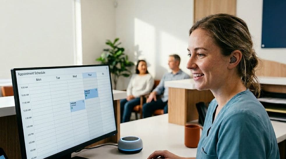 AI receptionist answering a dental clinic phone call, booking an appointment on a computer while patients wait calmly nearby