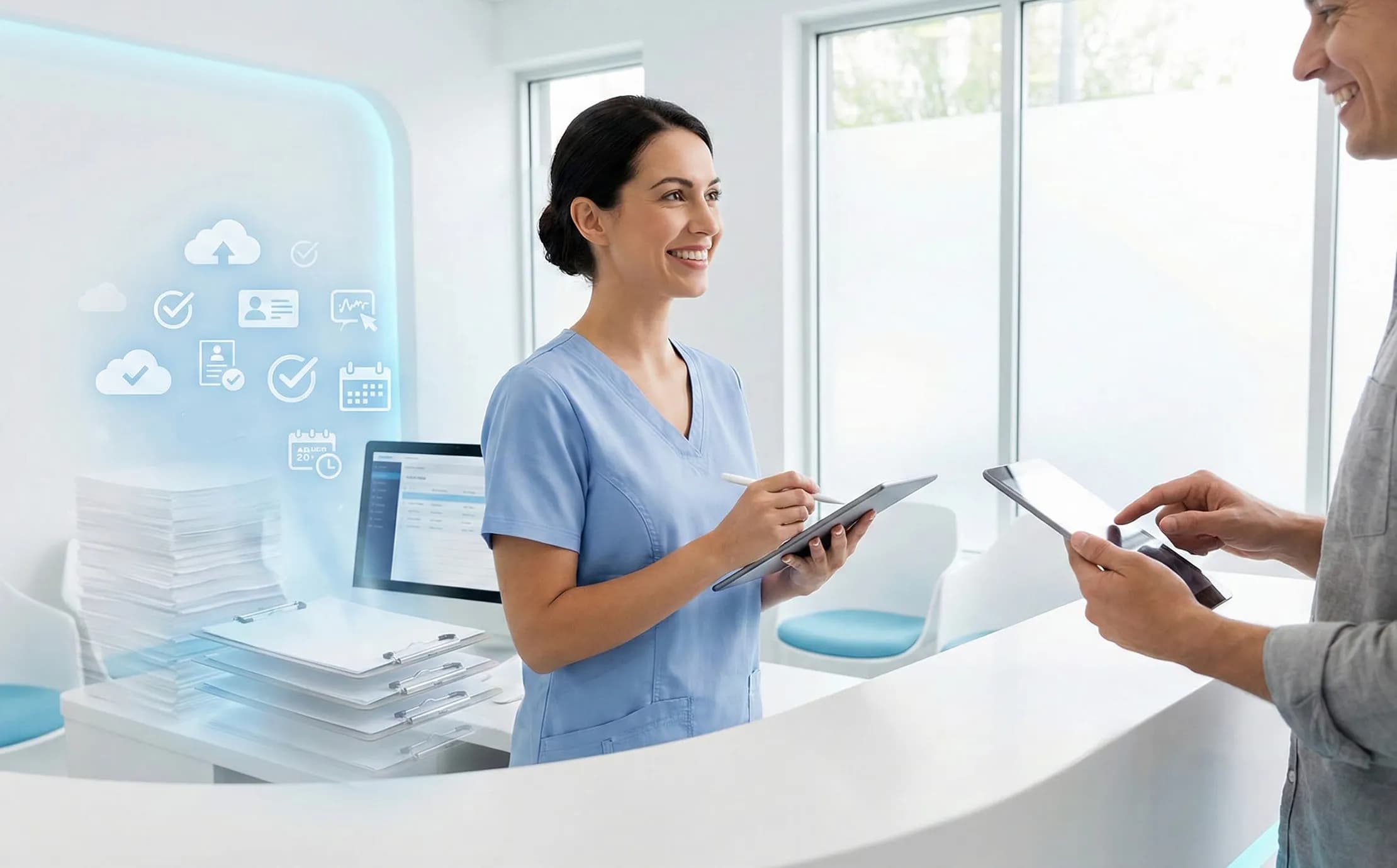 Dental patient using smartphone to complete AI-powered digital intake forms while receptionist reviews data on tablet
