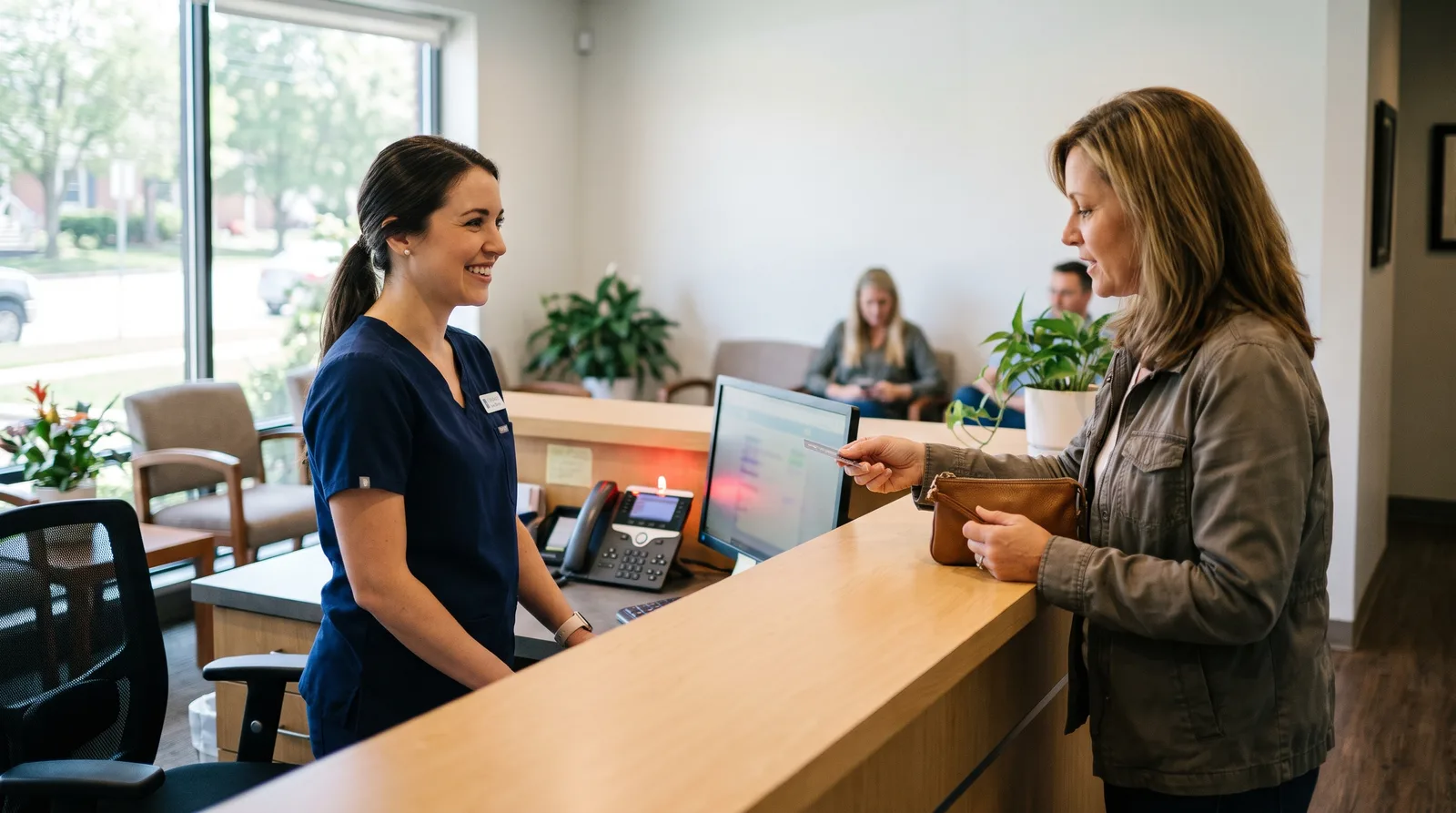 Dental receptionist greeting a patient at the front desk while the desk phone rings, showing dental front desk multitasking