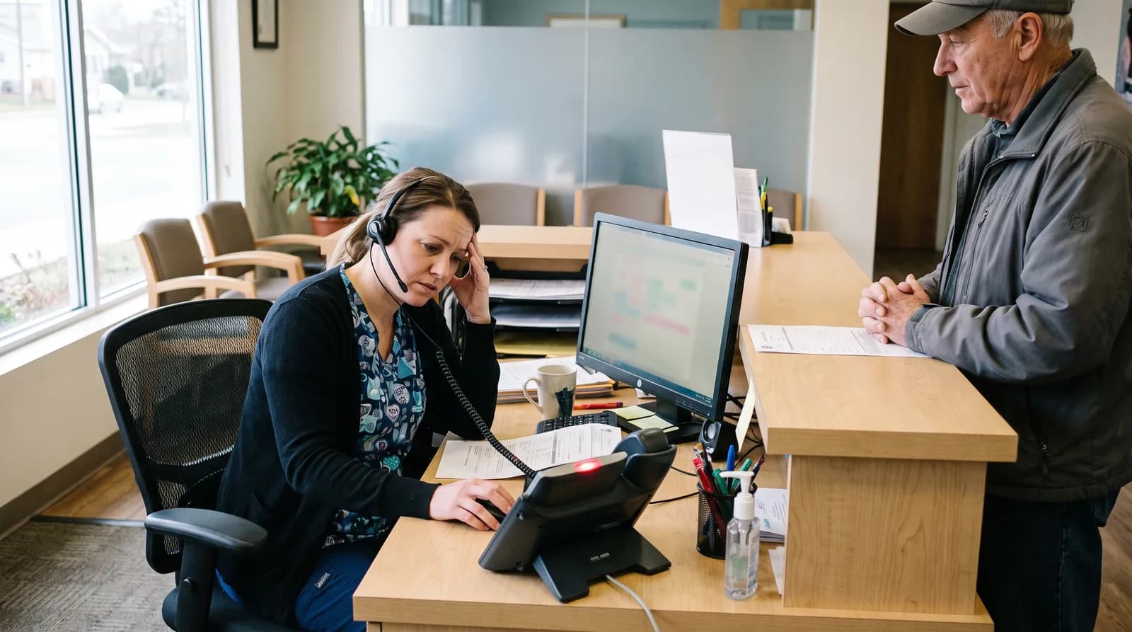 Dental receptionist wearing a headset as a patient waits at the front desk counter and the office phone lights up, illustrating dental front desk phone fatigue
