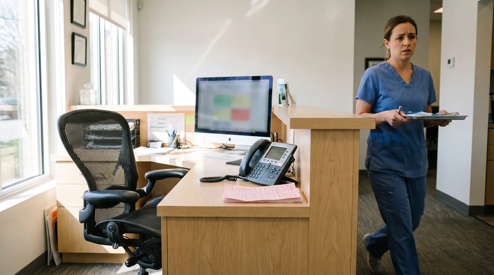 Dental front desk with an unattended phone and a stack of message slips illustrating front desk turnover