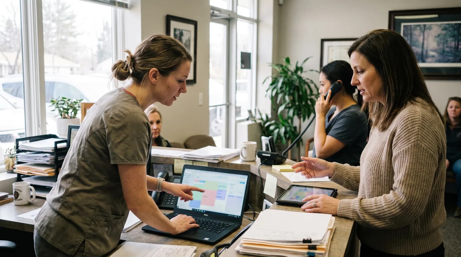 Dental hygiene appointment management: hygienist and office manager reviewing the hygiene schedule on a tablet and laptop
