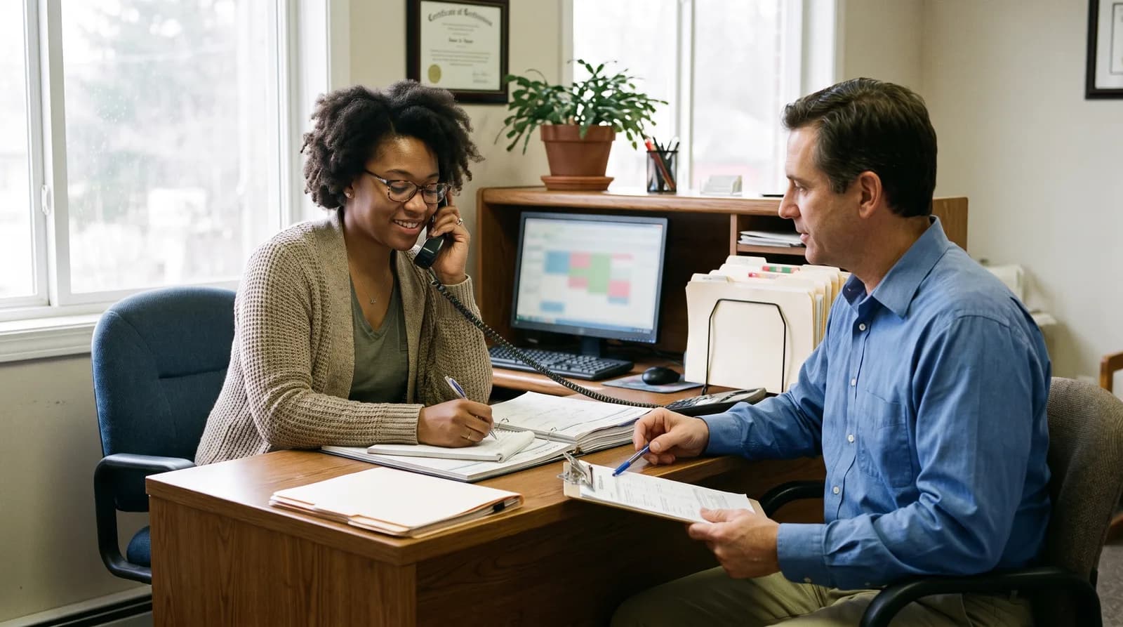 Dental front desk coordinator on a phone call being scored for a mystery shopper audit