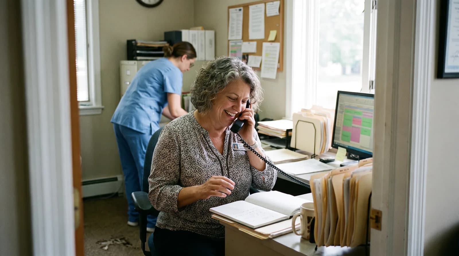 Dental office front desk phone handling a job applicant call alongside patient calls