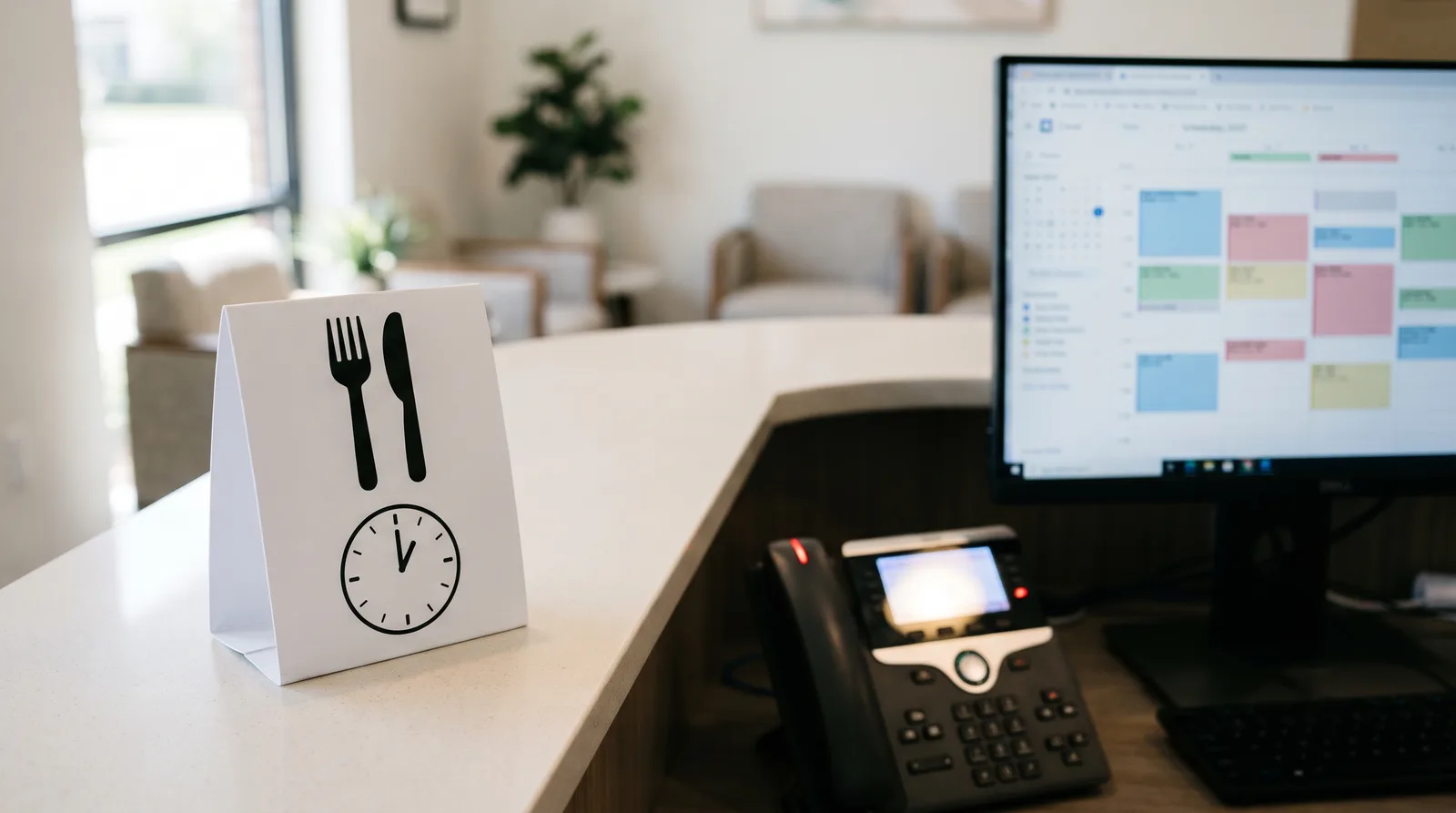 Empty dental reception desk with a closed-for-lunch sign and a lit phone, showing a dental office lunch break phone coverage gap