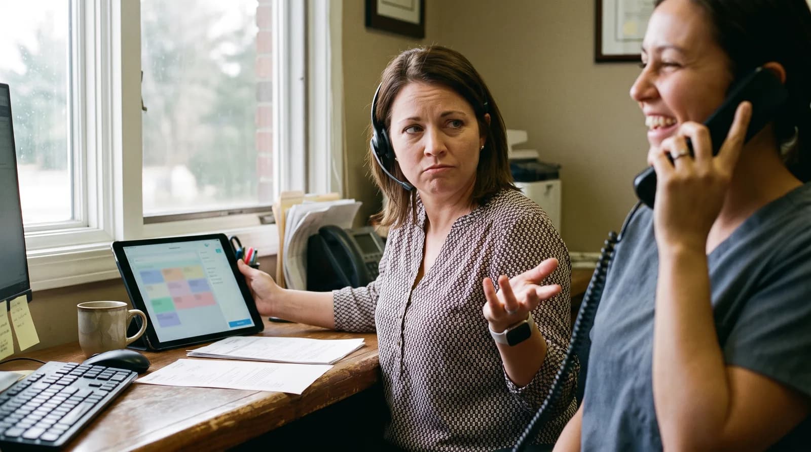 Front desk staff reviewing dental office sales call screening routing rules on a tablet
