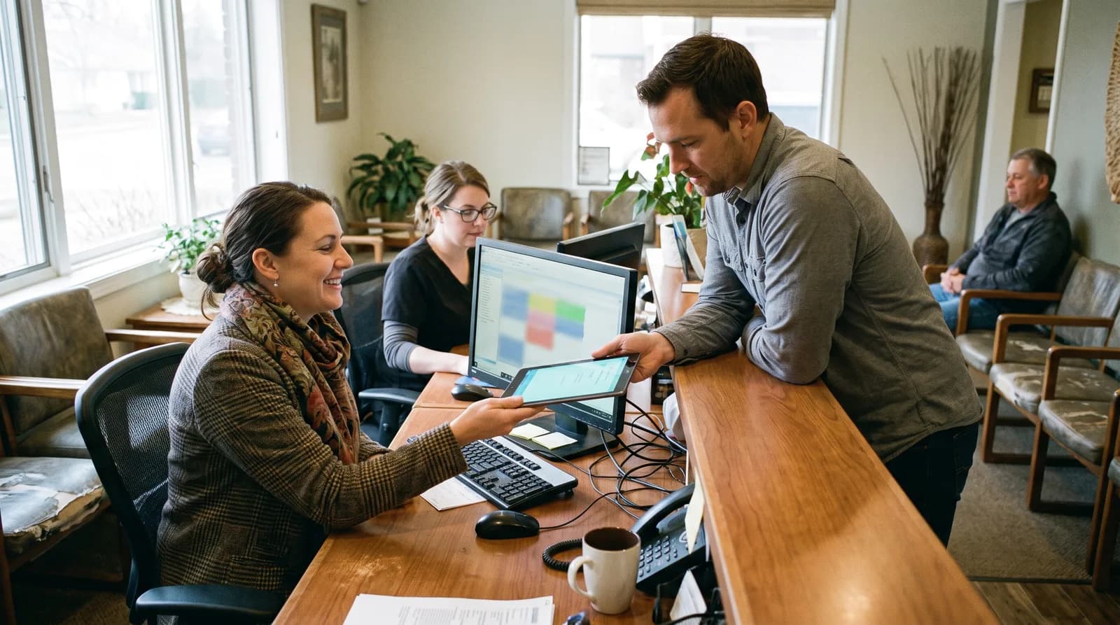 Dental receptionist handing a tablet to a patient for digital intake while a paper form stack sits unused in the background.