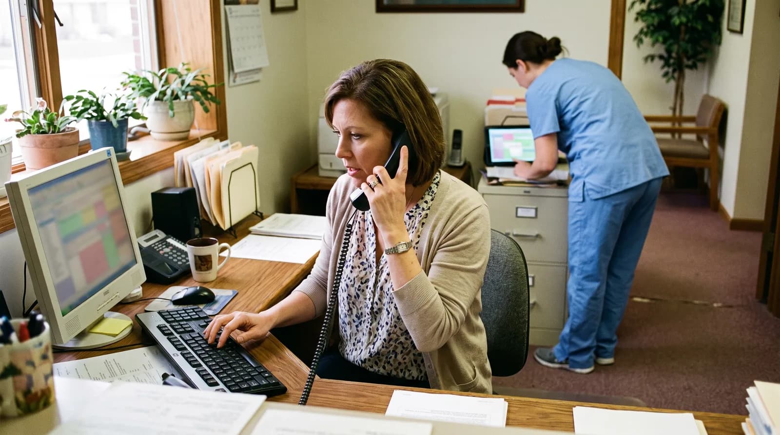 Dental office coordinator handling a dental prescription refill request call at the front desk