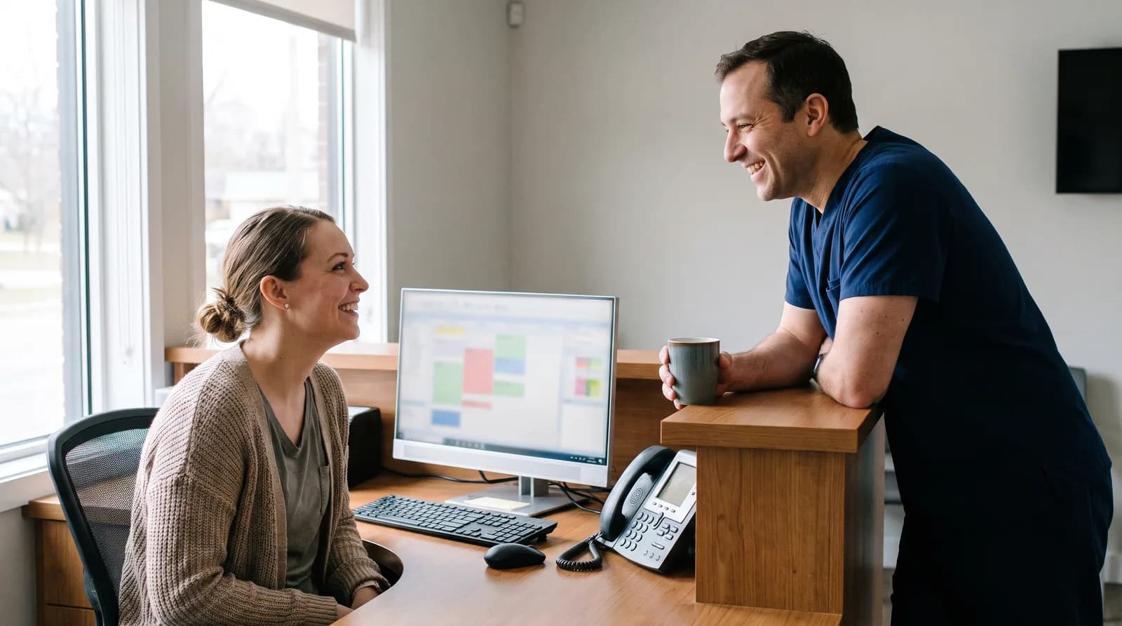 Dental receptionist and dentist talking at the front desk in a relaxed moment, supporting dental receptionist retention