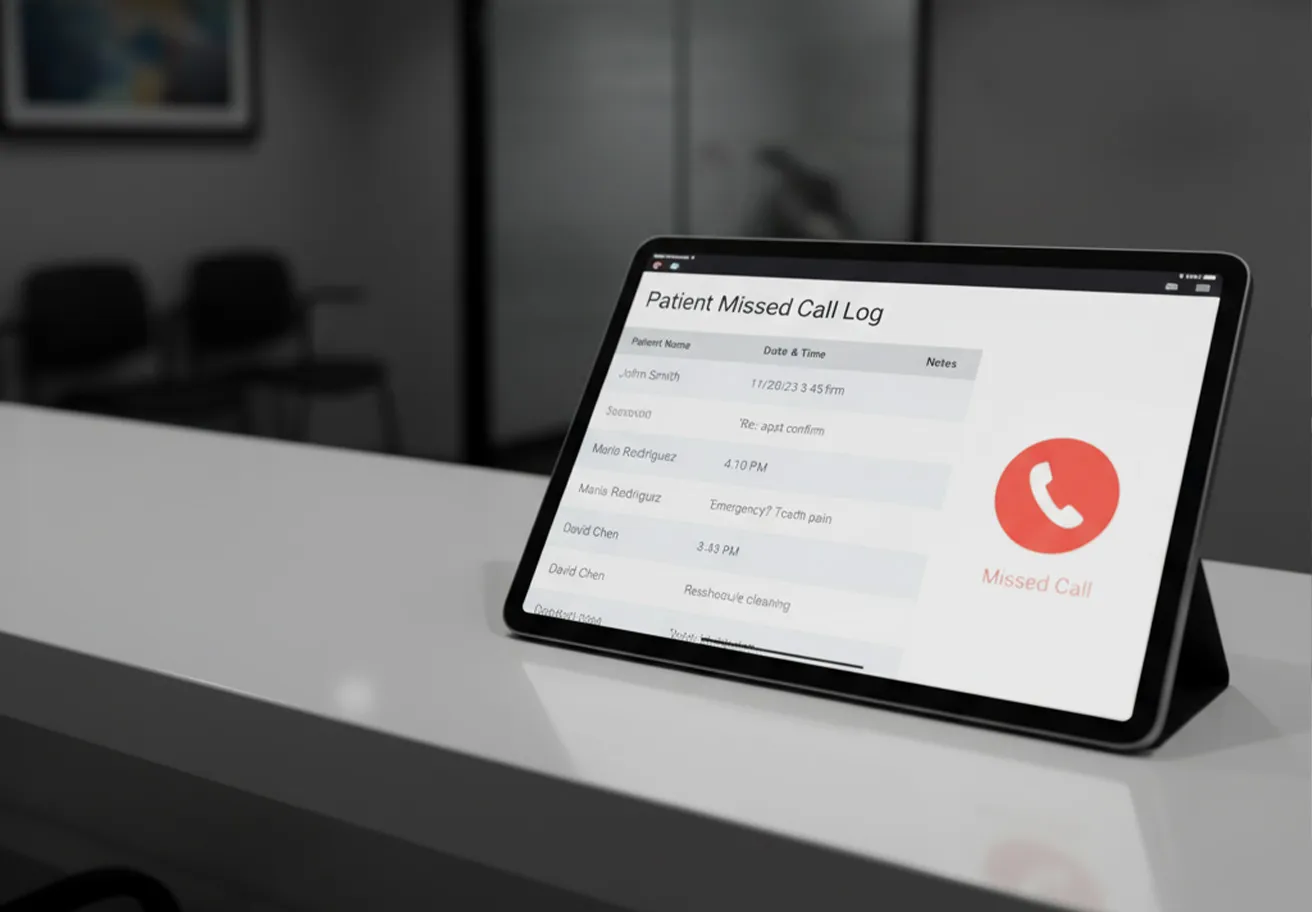 Dental office front desk with ringing phone answered by AI assistant on screen, showing missed call prevention and patient