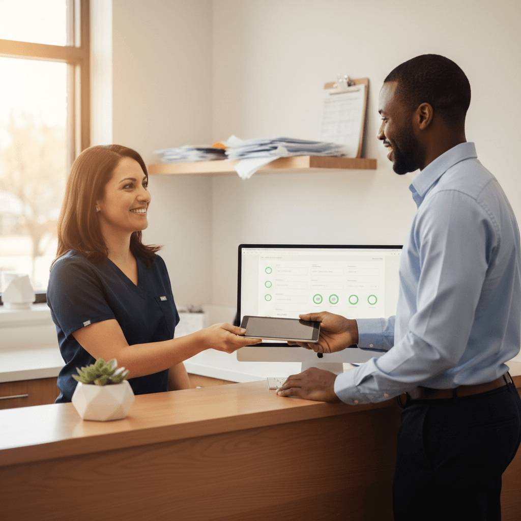 Dental receptionist handing a tablet to a patient for digital intake while a paper form stack sits unused in the background.