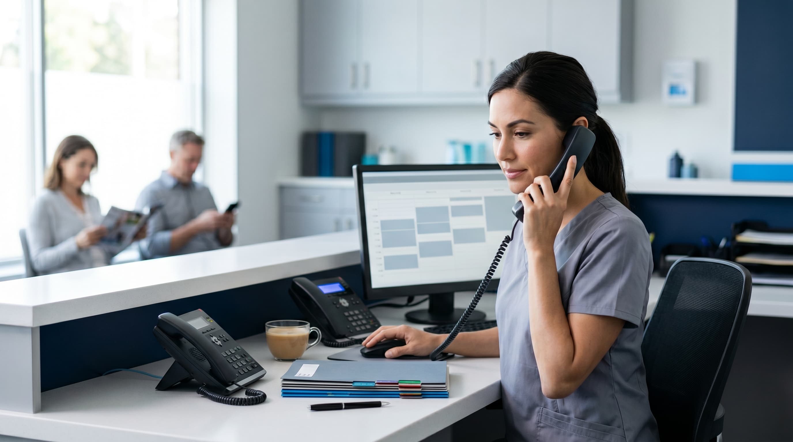 Dental office front desk with receptionist answering phones, checking schedules on computer, and greeting patients in lobby