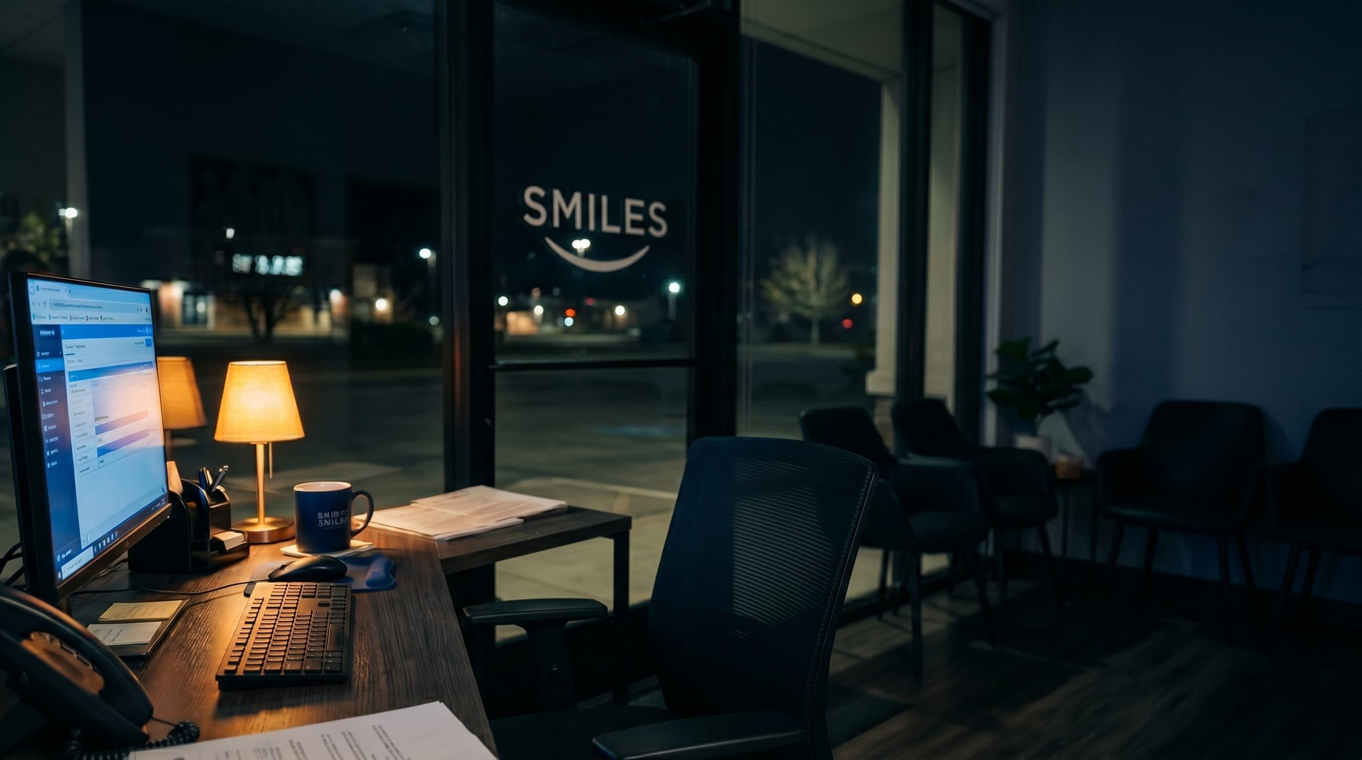 Dental receptionist in a modern office answering a late night phone call while dentist reviews emergency schedule on computer