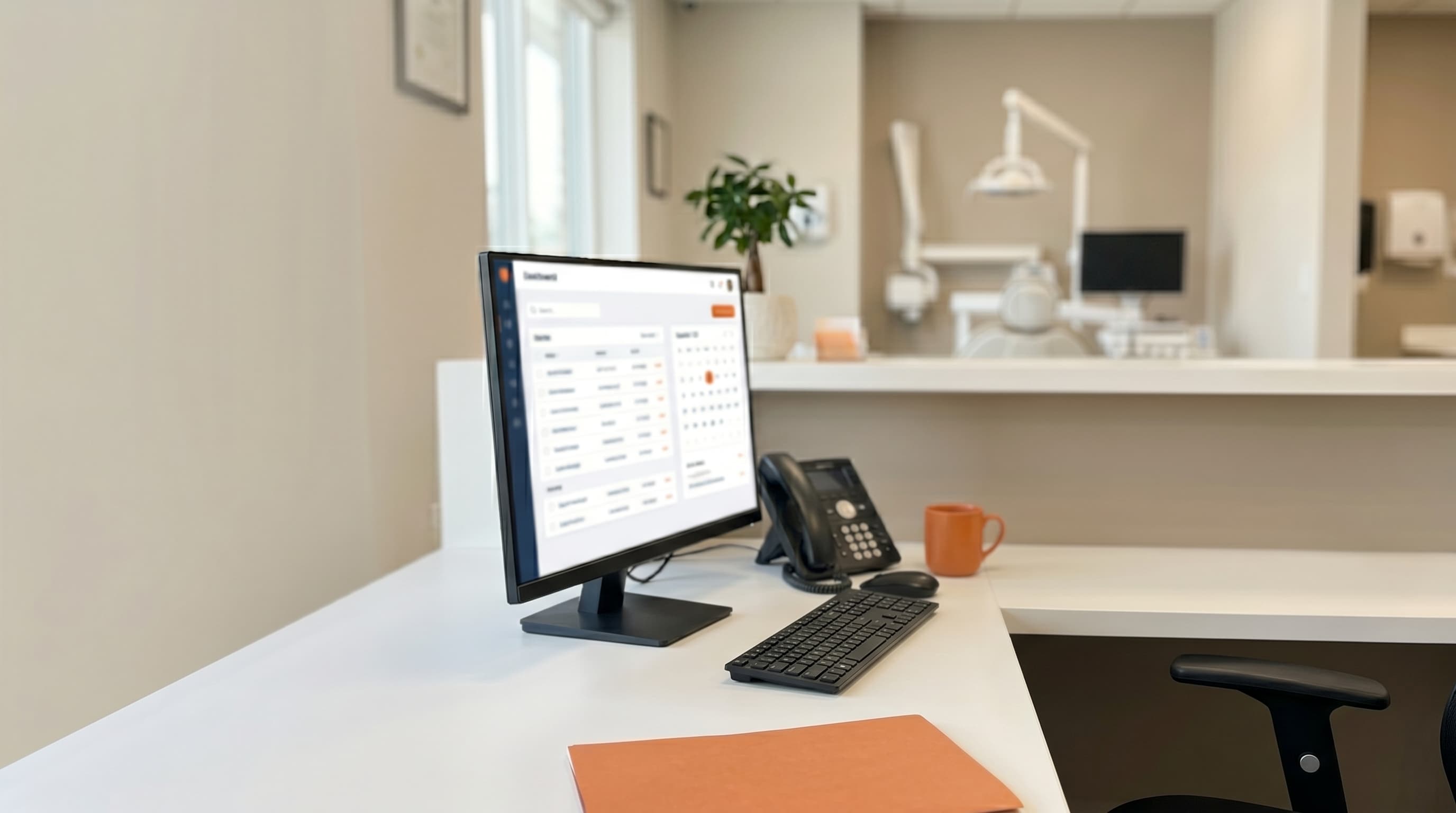 Dental office front desk with AI voicemail assistant on screen as receptionist and patient discuss scheduling in 2026 clinic