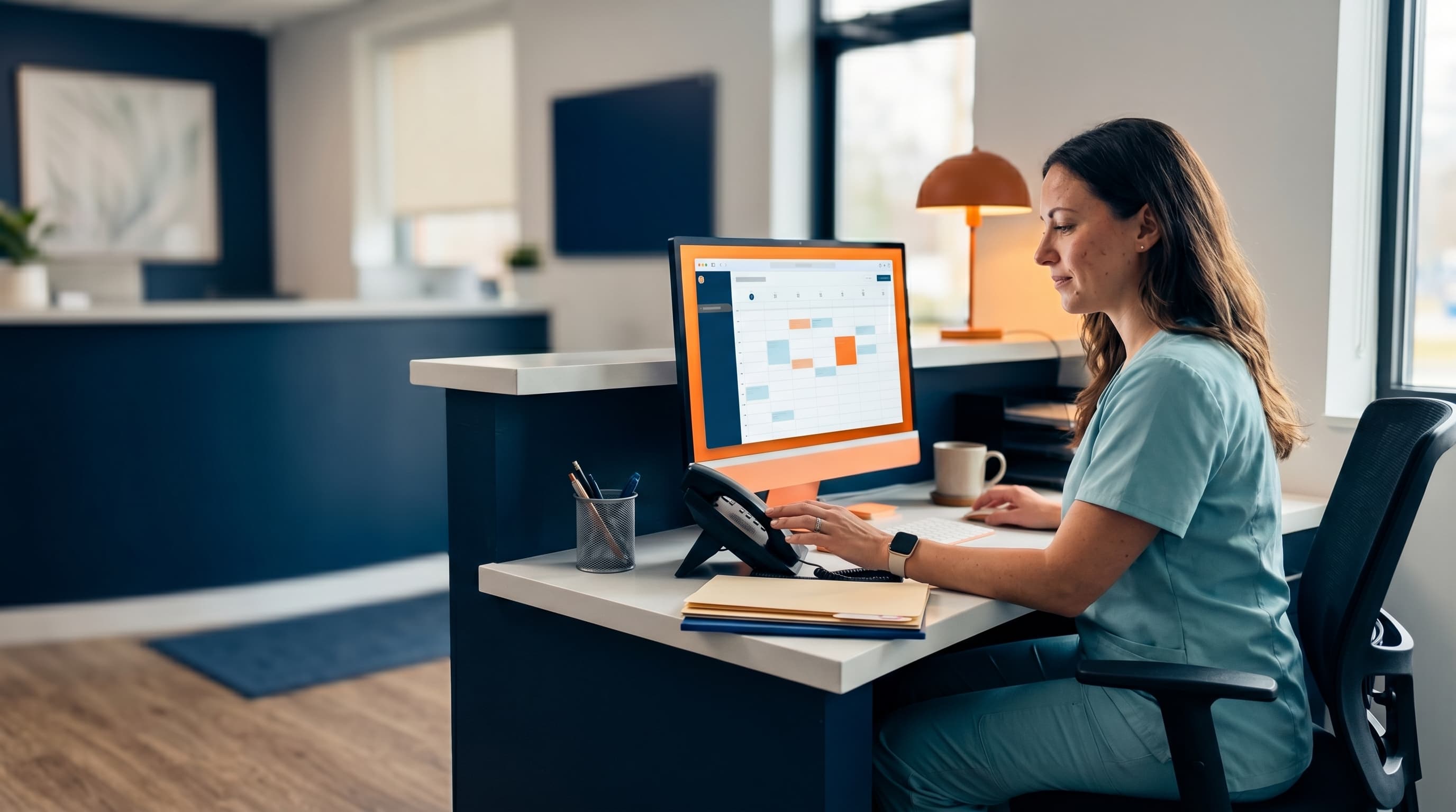 Dental receptionist using computer and headset while AI scheduling software displays appointments in front desk area