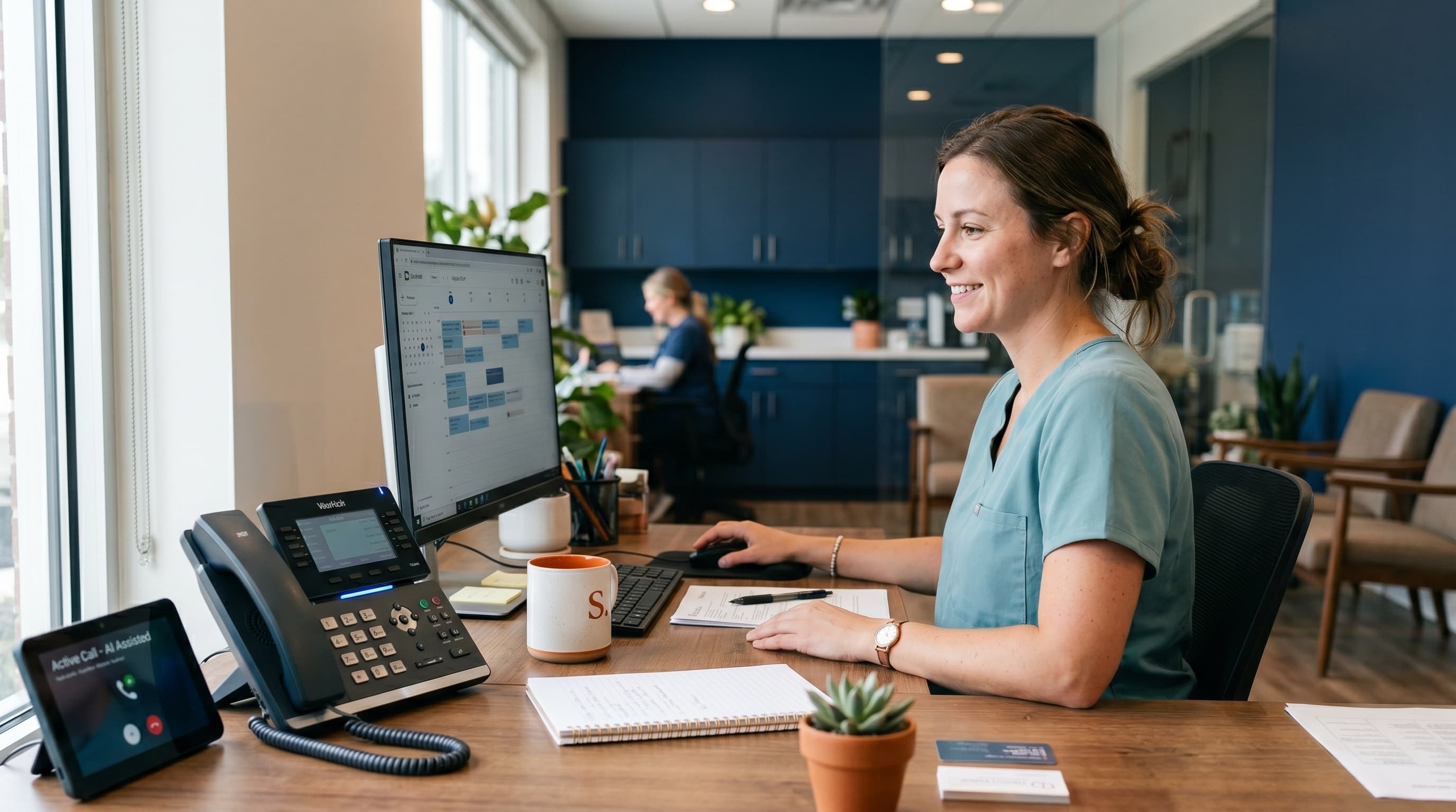 Dental office front desk with AI assistant headset icon answering phone, scheduling patient appointments on computer screen