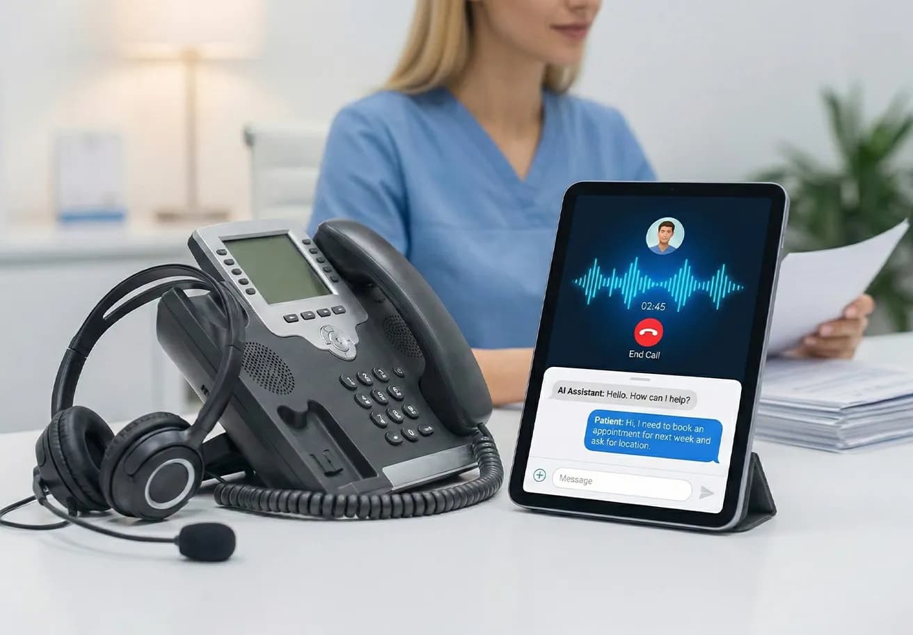 Dental receptionist using computer and headset while AI scheduling software displays appointments in front desk area