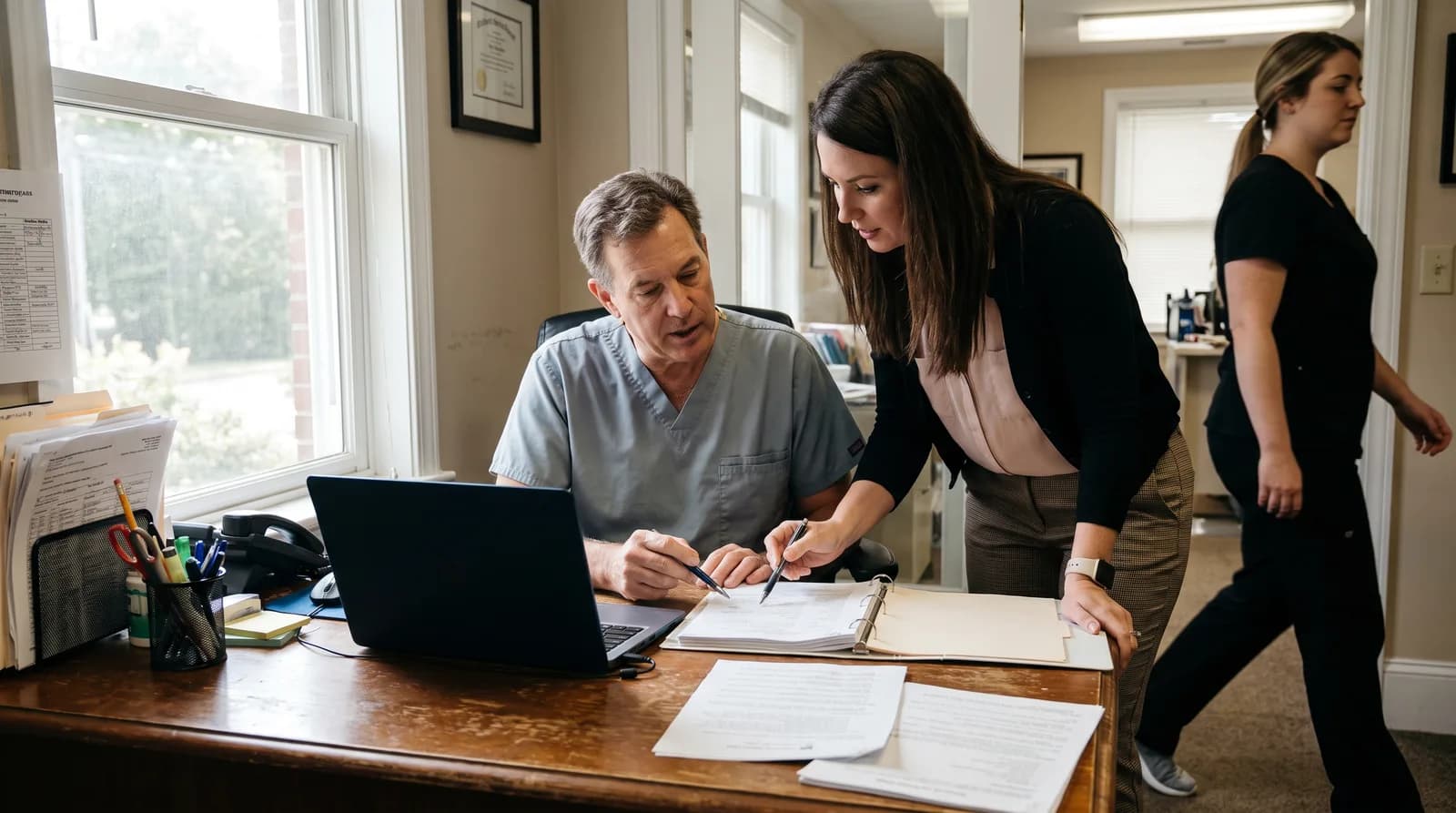 Dental practice manager reviewing AI dental receptionist cost and pricing plans on a laptop