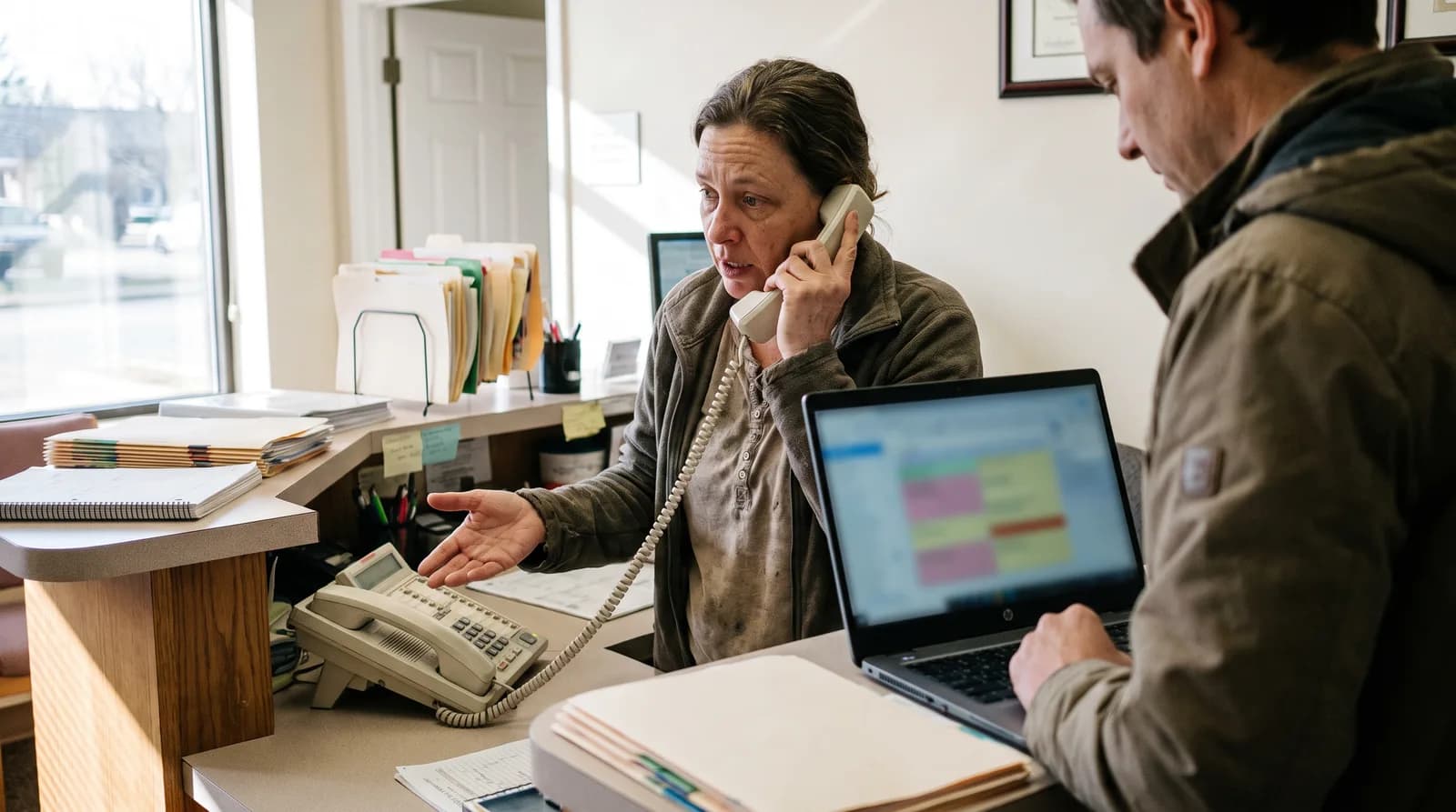 Patient on a smartphone trying to reach a human dental office phone line at a front desk