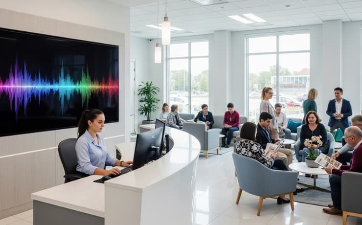 AI receptionist answering a dental clinic phone call, booking an appointment on a computer while patients wait calmly nearby