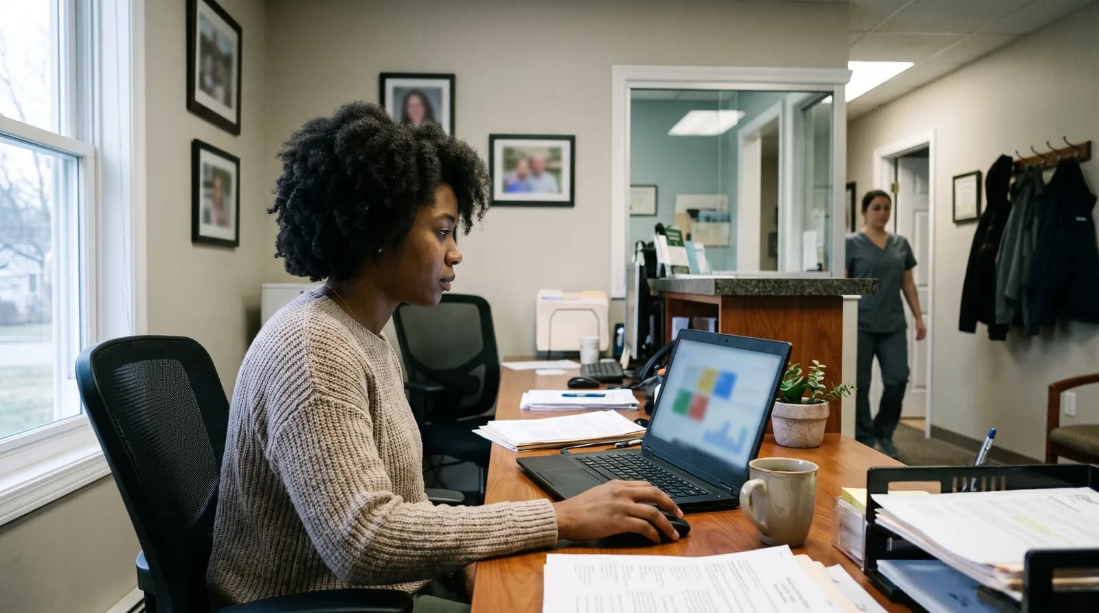 Dental patient making after hours calls while a receptionist dashboard shows emergency routing and scheduled appointments