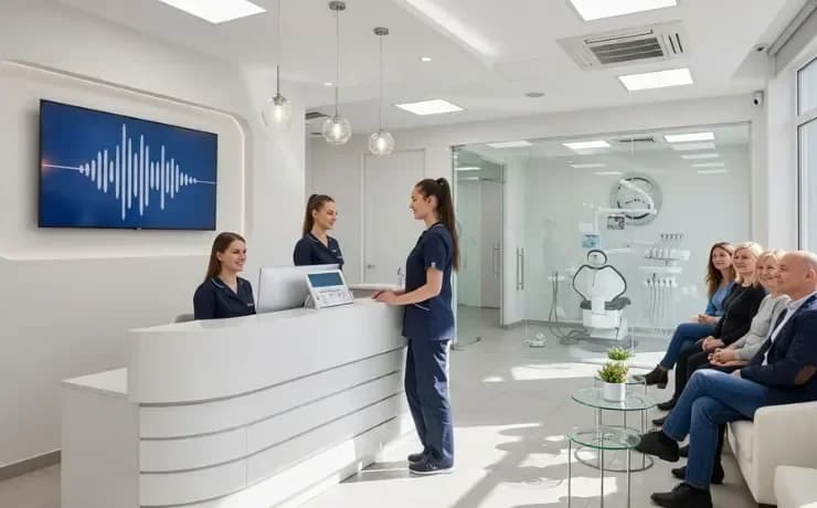 Dental patient calling after hours while receptionist dashboard shows emergency routing and scheduled appointments on screen