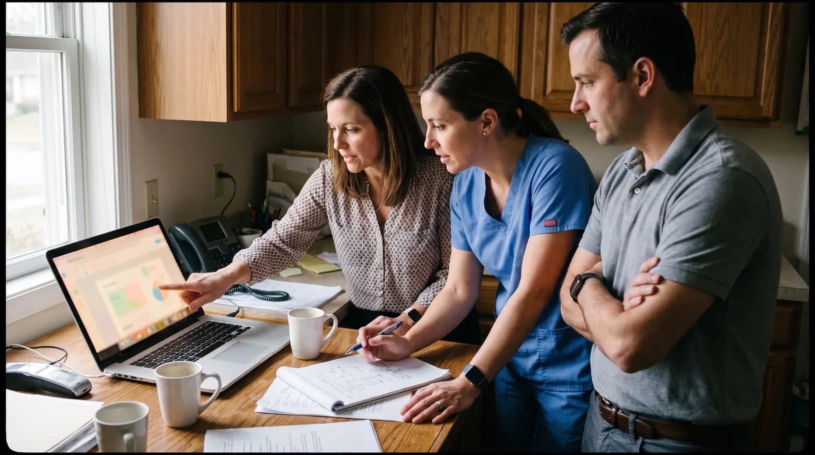 Dental office team reviewing AI receptionist performance metrics on a monitor